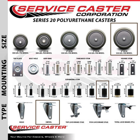 Service Caster 6'' Gray Poly Swivel 1-5/8'' Expanding Stem Caster Set 2 Total Lock Brakes, 4PK SCC-EXTTL20S614-PPUB-2-S-2-158